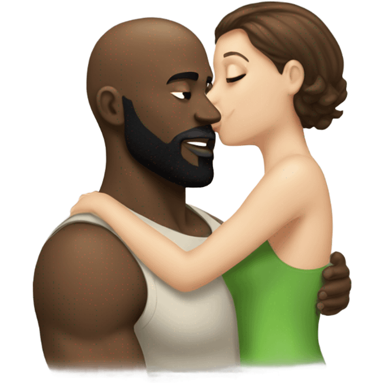 White girl brunette kissing muscular black bald man with beard emoji