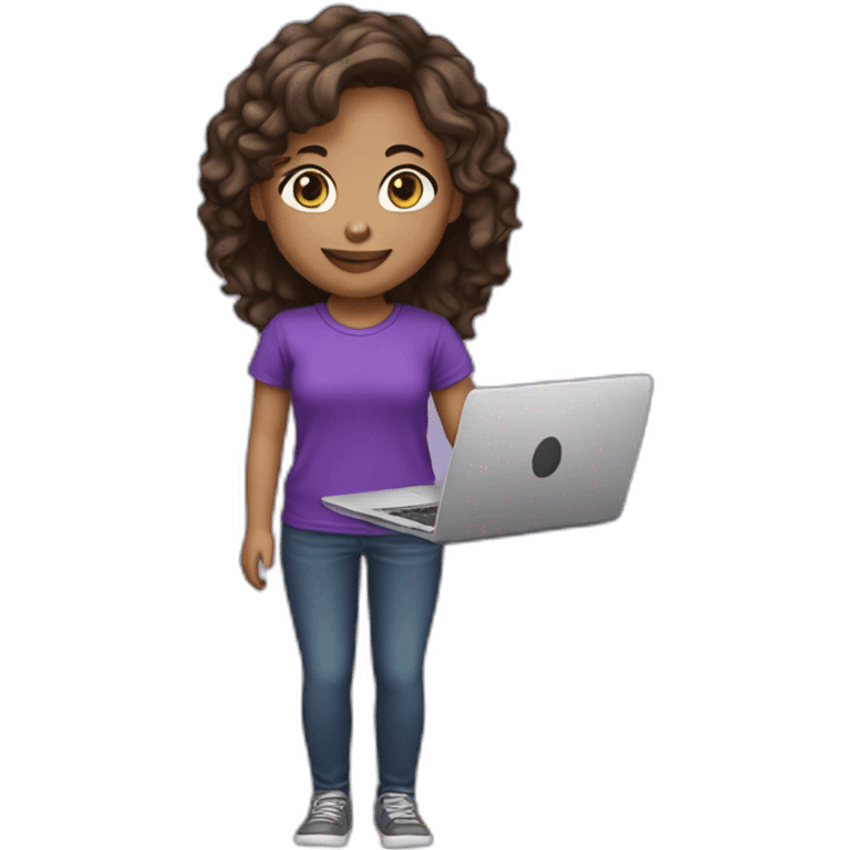 light skin girl long dark brown hairs with laptop, purple t-shirt emoji