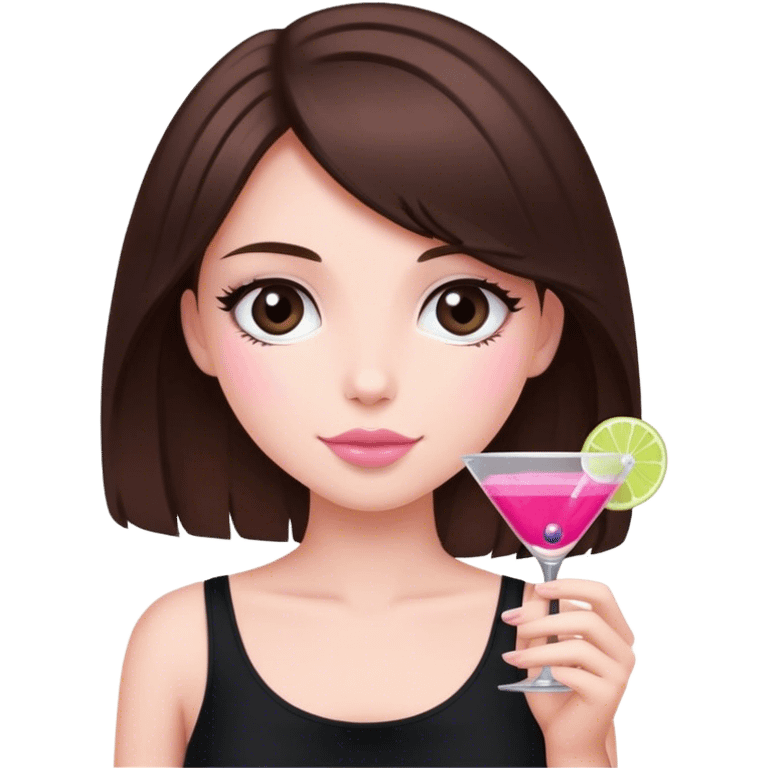 brunette hair down girl black top holding a pink cosmo emoji