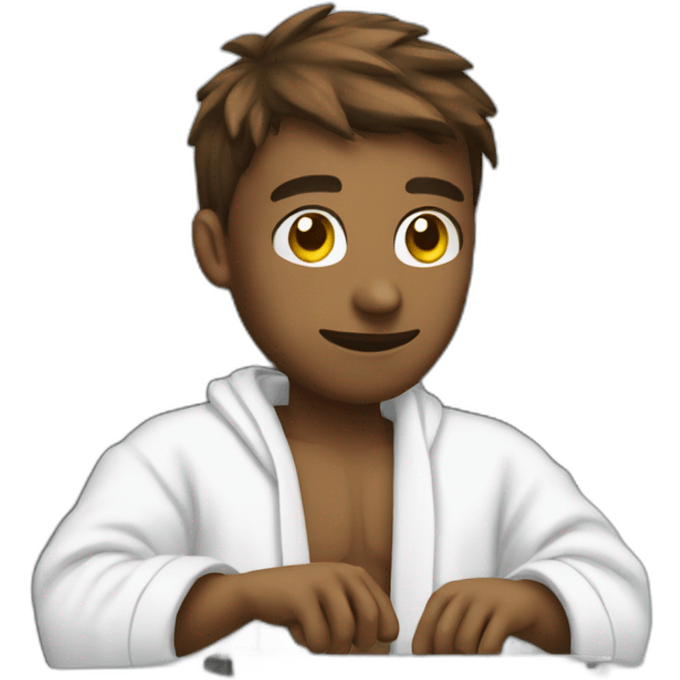 Gamer in bathrobe playing on computer emoji