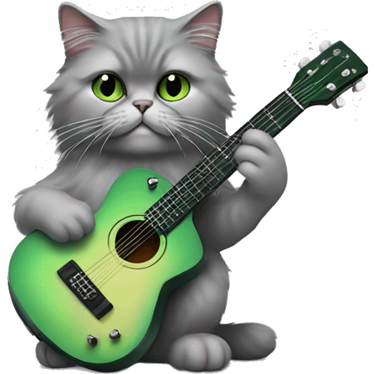 Gray Persian cat with green eyes playing guitar emoji