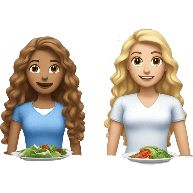 2 women, one with straight blonde hair and the other with long brown curly hair. Both wearing long sleeved blue and white shirts. Plate of past and bowl of salad in front of them emoji