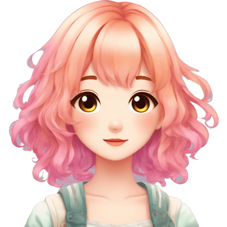 Gorgeous anime style shojo character with blushing face aesthetic and pretty colorful shiny gradient hair with hair garment trending style emoji