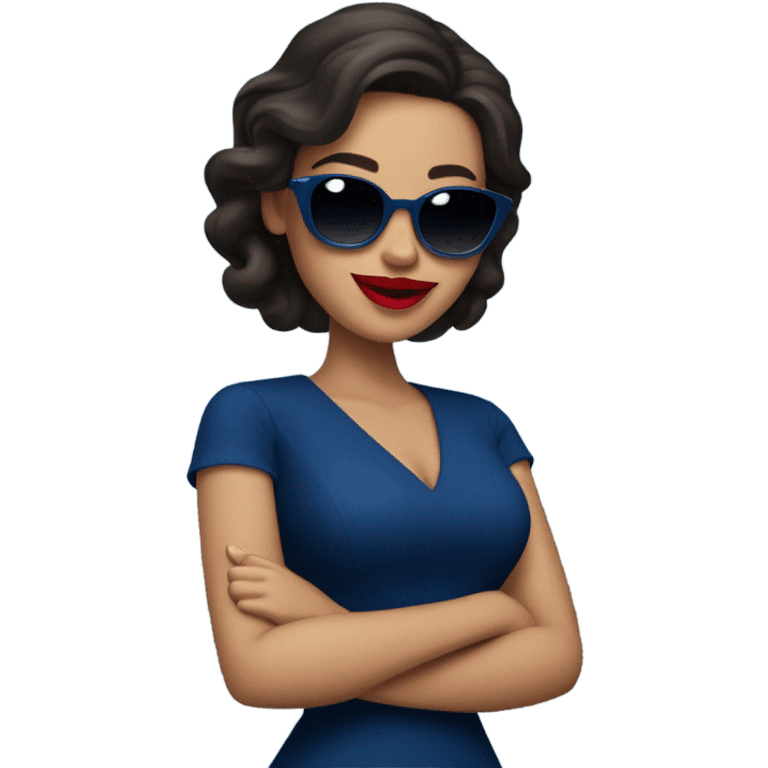 
brunette in dark blue sunglasses, with red lips and in a dark blue dress shows a thumbs up emoji