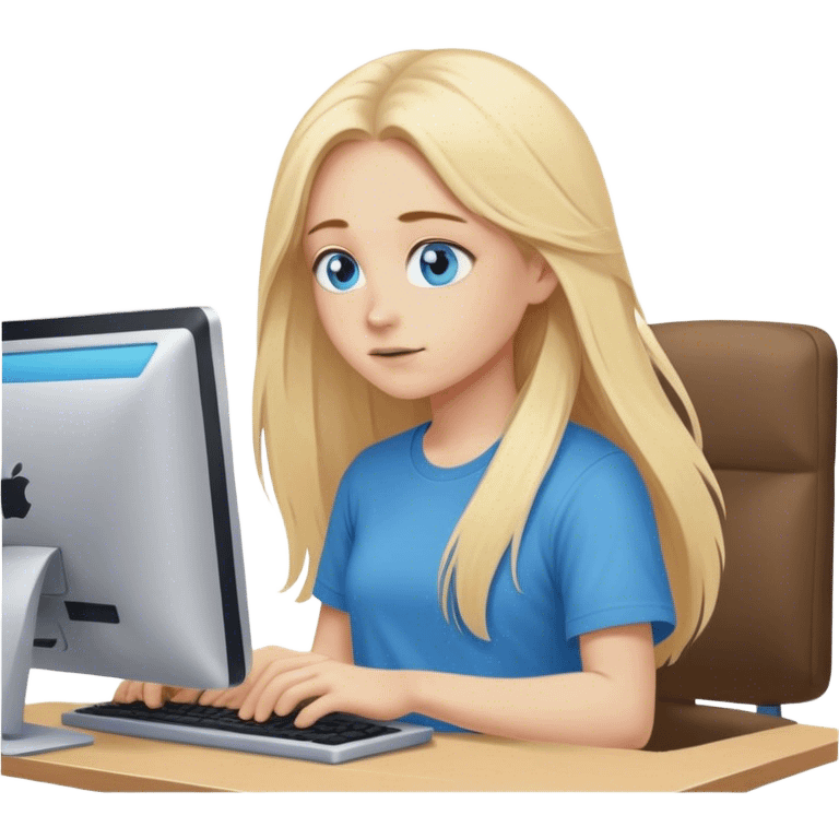 Cinematic realistic blonde with long hair, blue eyes, dressed in a T-shirt, working at a computer in a cozy atmosphere emoji