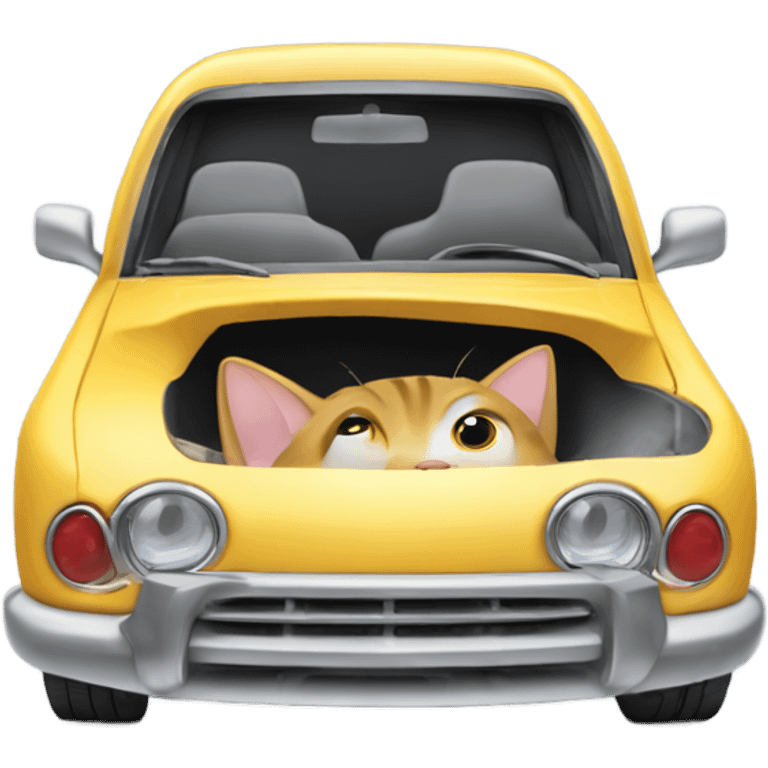 A cartoon emoji-style car with a curious cat peeking out from the open hood of the engine compartment. emoji