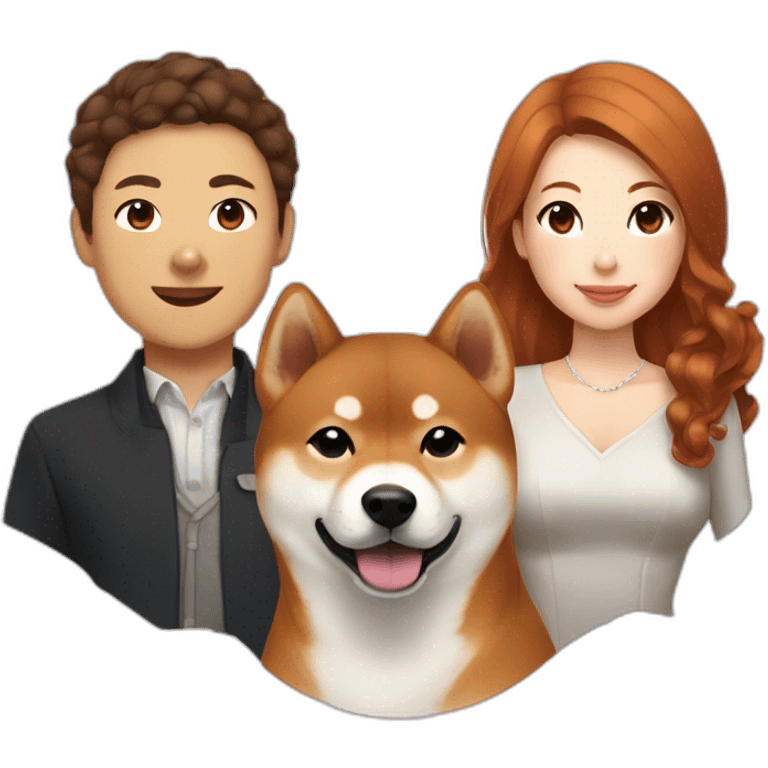 A pretty Shiba and a large white Hokkaido accompanied by their mistress, a woman with curly auburn hair. emoji