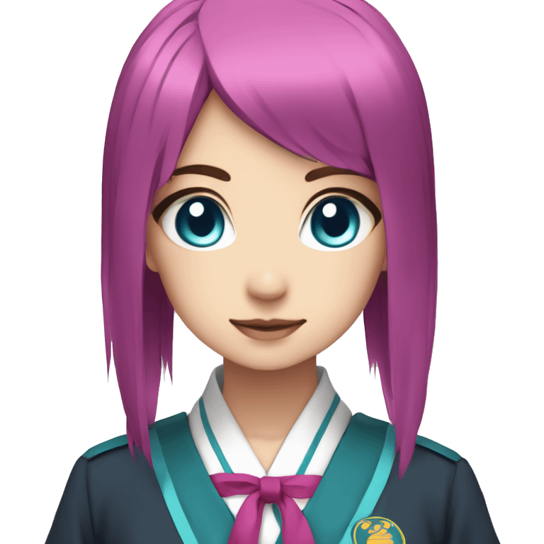 girl, cyan & magenta hair, japanese uniform, blue eyes, anime emoji