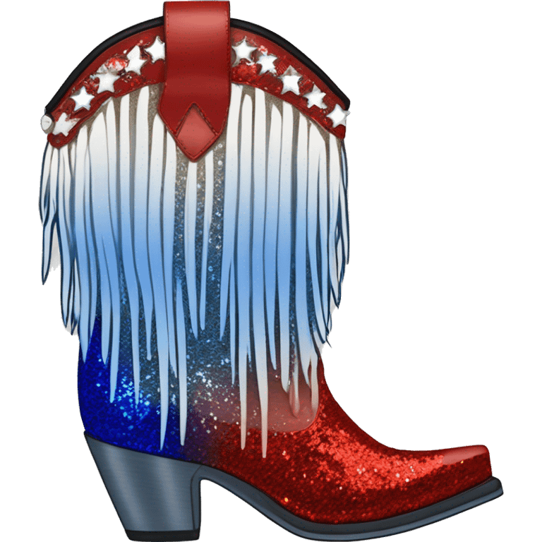 Realistic red, white, and blue ombre pair of fashion cowgirl boots with sparkly shiny glitter fringe on them. emoji