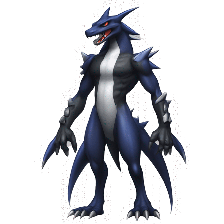 Black, Modern, Cool, Edgy, Garchomp-Nargacuga-Sergal Fakémon-Digimon with sharp edgy striking detailed stripe-markings,  full body emoji