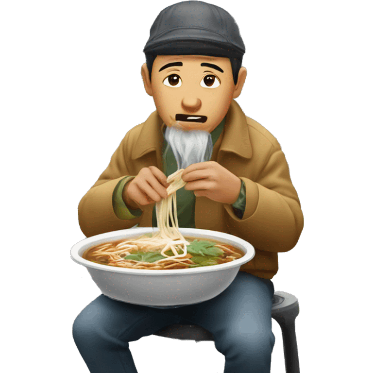 vietnamse man wearing non la eating pho on a plastic stool outside on the street emoji