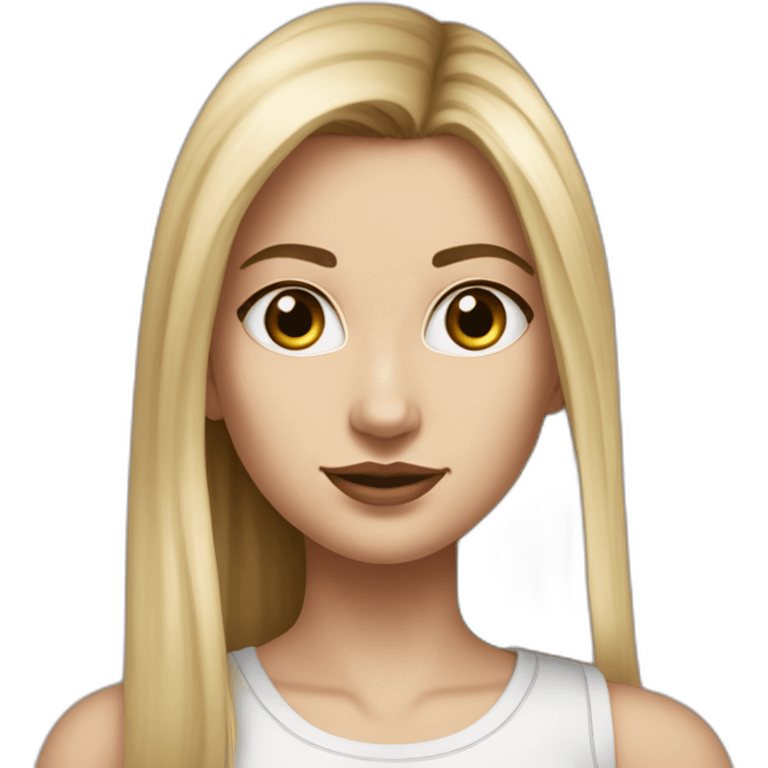 caucasian woman, with long straight hair, blonde hair, brown eyes, white tank top, gray tight mini skirt, black shoes, hyperrealist drawing emoji