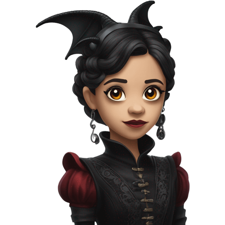 surprised Lavish Victorian black evening gown with see-through gloves, Jenna Ortega as Addams girl Jedi wearing a steampunk mini tiara, very large blood red evil-looking horned dragon emoji