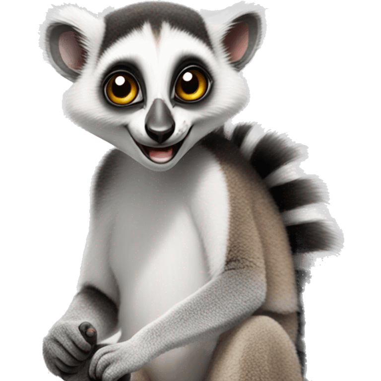 A smart lemur sits sideways, looks at us, shows a thumbs up on its upper paw and smiles emoji