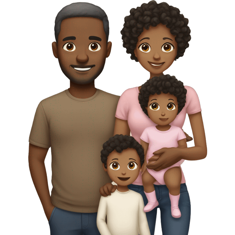 A family with the dad who is black with dark short hair, the mom who is light skin with medium length brown hair and the baby who is light skin with short curly hair and a heart  emoji