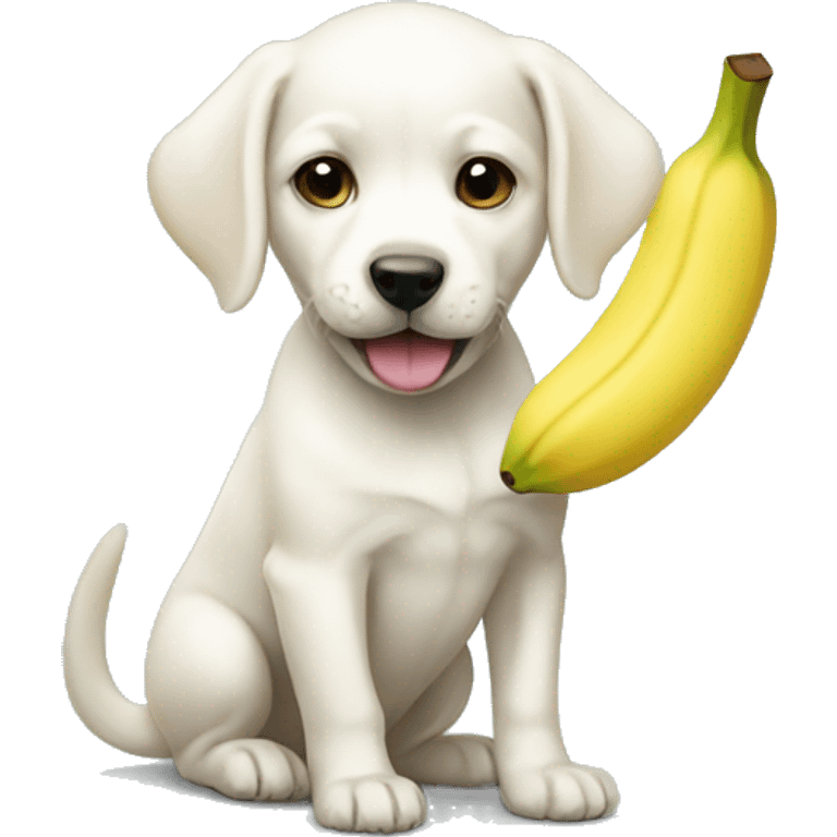 A white puppy wearing banana clothes. emoji