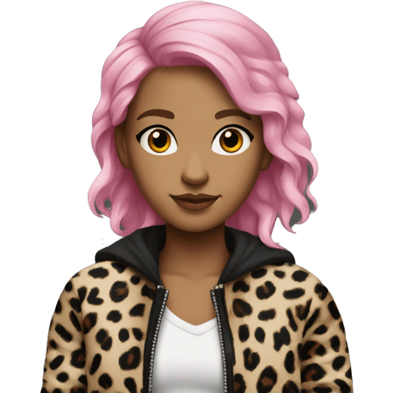 A GIRL WITH PINK HAIR AND A JAKET OF LEOPARD AND BLACK SHIRT AND LEOPARD PANTS emoji