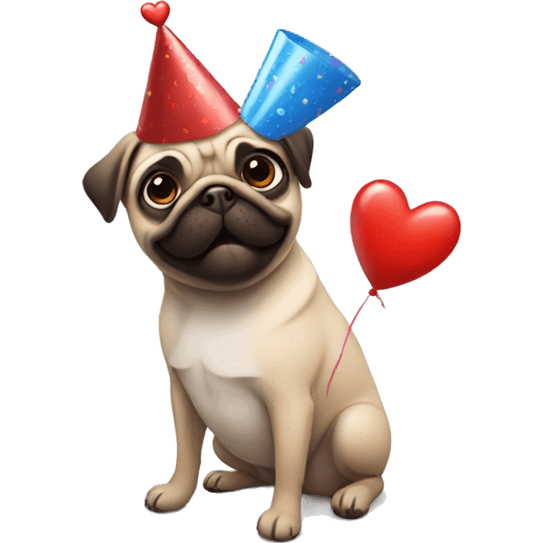 Pug wearing a birthday hat holding a heart  emoji