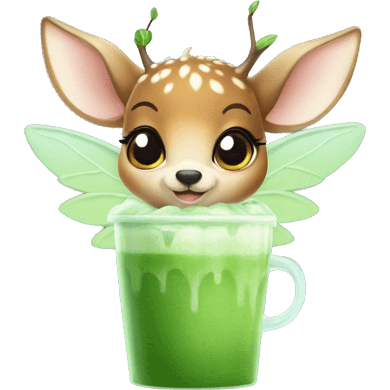 baby deer with fairy wings drinking iced matcha latte  emoji