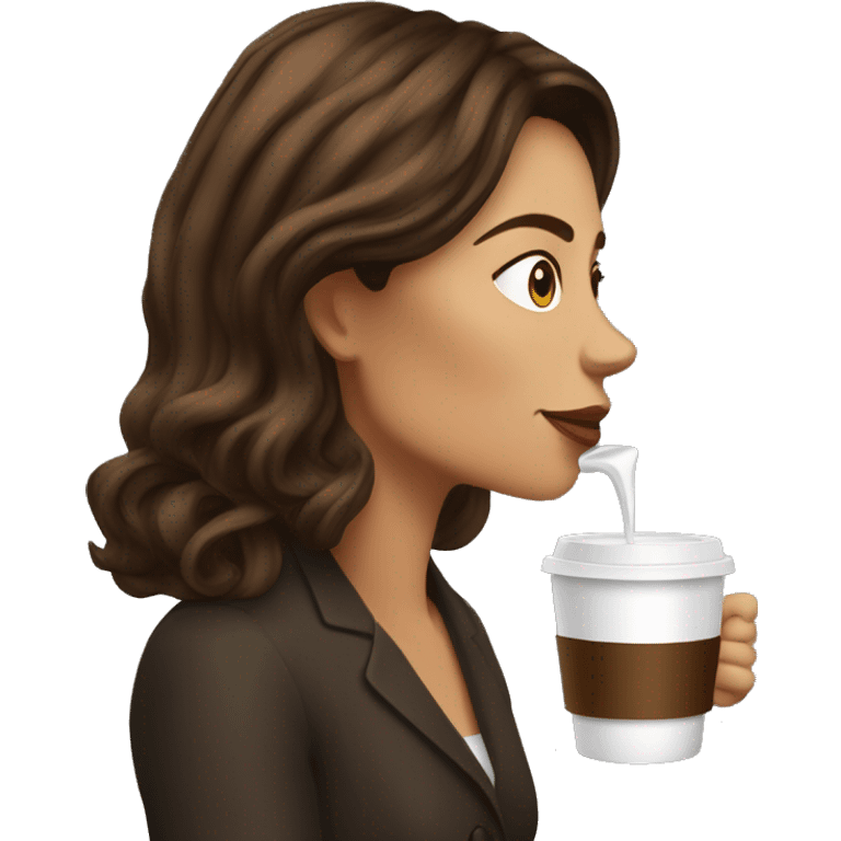 Side view realistic posh brown haired woman drinks coffee emoji