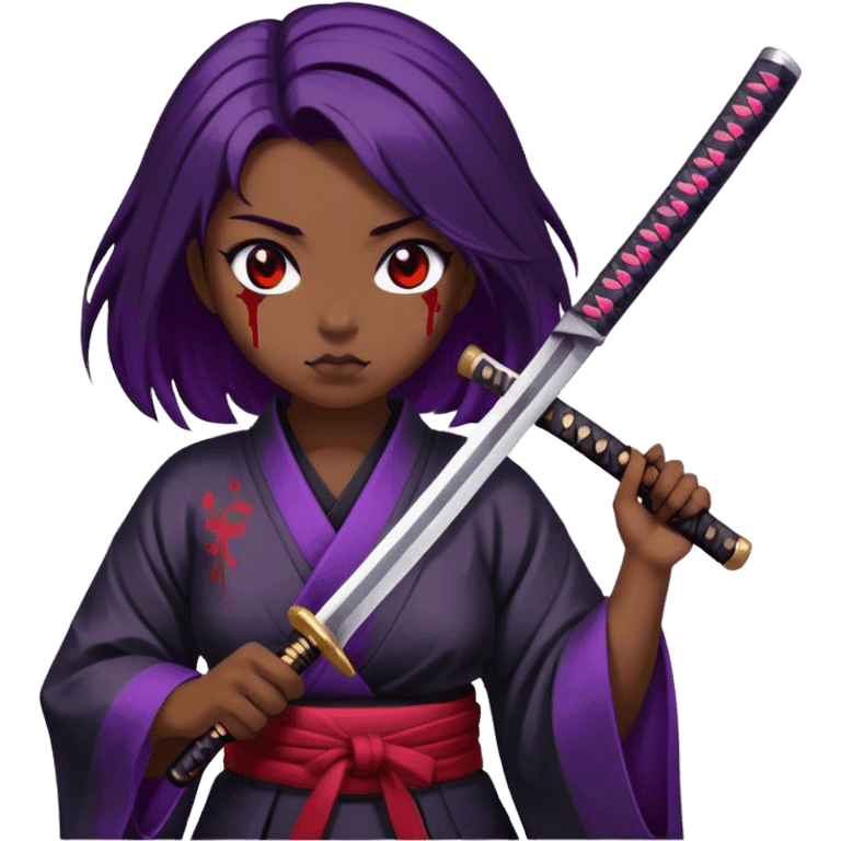 A samurai girl with deep purple hair, black kimono, holding a bloodstained katana emoji