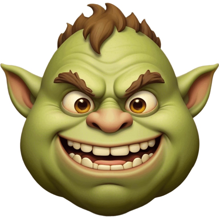 Cinematic Comical Ogre Portrait Emoji, with a strikingly exaggerated, bulky figure in vivid earthy greens and browns, head tilted in a dramatically surprised expression with wide, comically bulging eyes and a goofy, oversized grin, simplified yet hilariously exaggerated, highly detailed with a soft, cartoonish glowing outline capturing the playful absurdity of a meme-worthy ogre! emoji