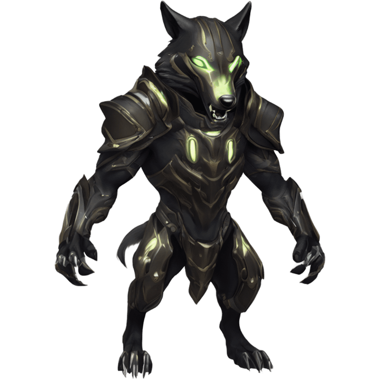 Warframe-inspired wolf Warframe with sleek biomechanical armor, a snarling wolf-like helmet, glowing eyes, and clawed gauntlets. Dark metallic colors with glowing energy lines, blending feral agility and deadly stealth. emoji