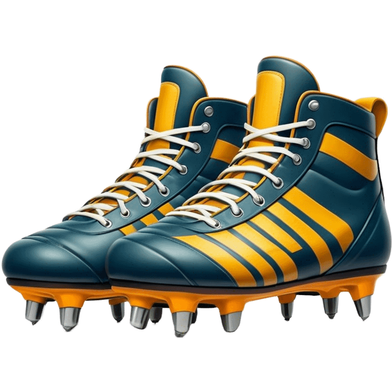 Cinematic Realistic image of a pair of rugby boots, showcasing sturdy leather construction, detailed cleat patterns and textured surfaces, illuminated by vibrant outdoor lighting that captures their athletic purpose emoji