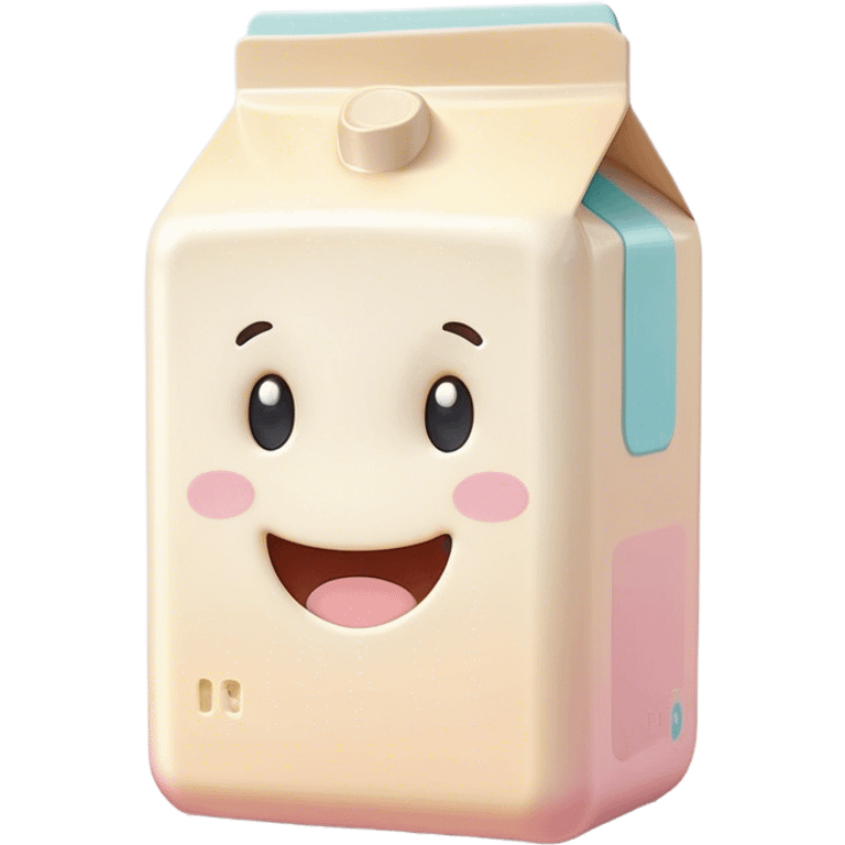 Cinematic adorable milk carton, soft pastel colors, tiny rounded edges, chubby smiling face, warm glowing highlights, gently tilting in a playful pose. emoji