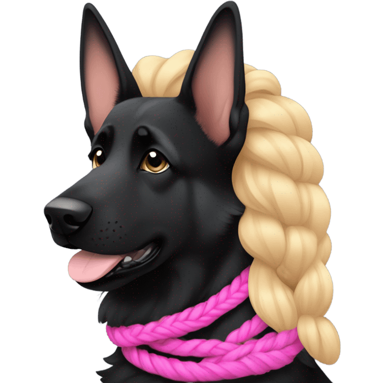 black german shepherd wearing a pink collar next to her owner who has blue eyes and sandy blonde hair in a single braid emoji