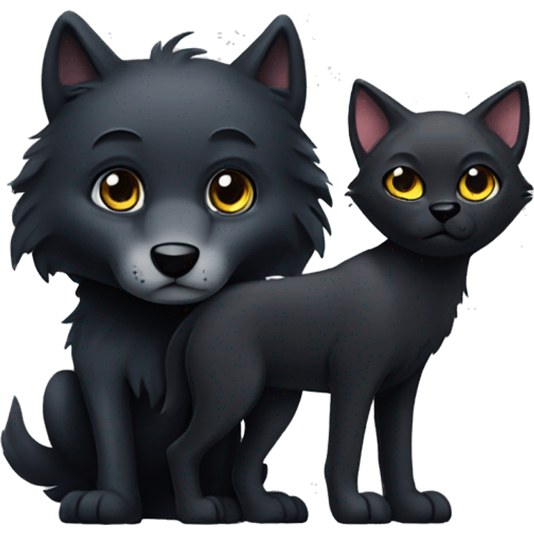 black wolf with a black cat, both silver eyes, cudding emoji