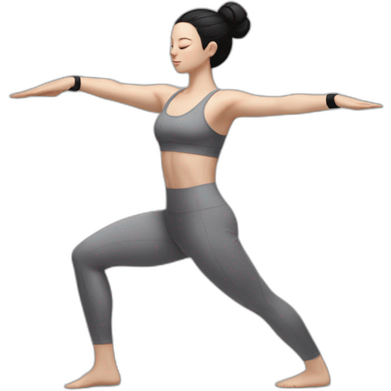 Pale skinned fit woman In a gray tight yoga suit and wristbands With black hair in a bun performs an asana emoji