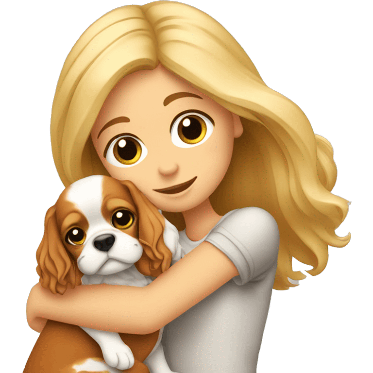 a blonde girl holding and hugging a cavalier king charles spaniel  emoji