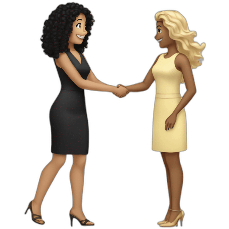 tan woman with black curly hair shakes hands with a woman who has wavy blonde hair emoji