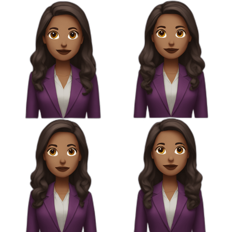 a white woman, dark brown long hair, wearing marsala lipstick and using a purple blazer emoji