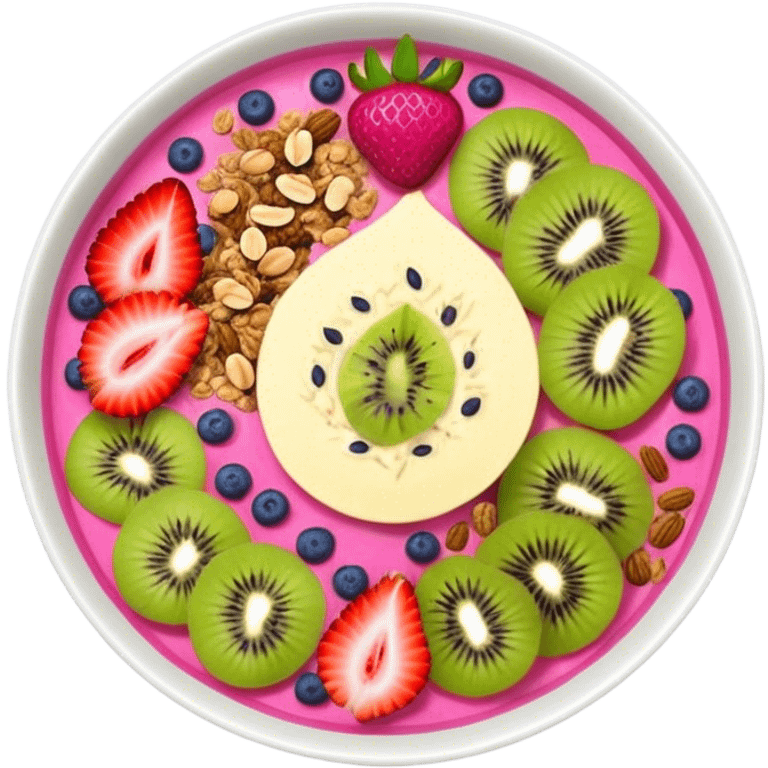 colorful smoothie bowl with dragonfruit, kiwi, strawberries, granola emoji