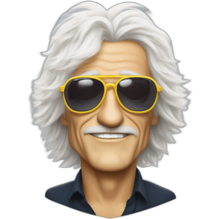 michel polnareff avec des lunettes de soleil blanches, des cheveux longs jaunes et raides, vieux, avec un costume bleu et expression de visage neutre emoji