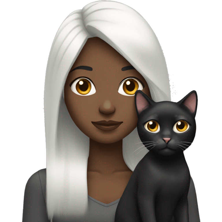 Straight hair Black girl holding black/white cat emoji