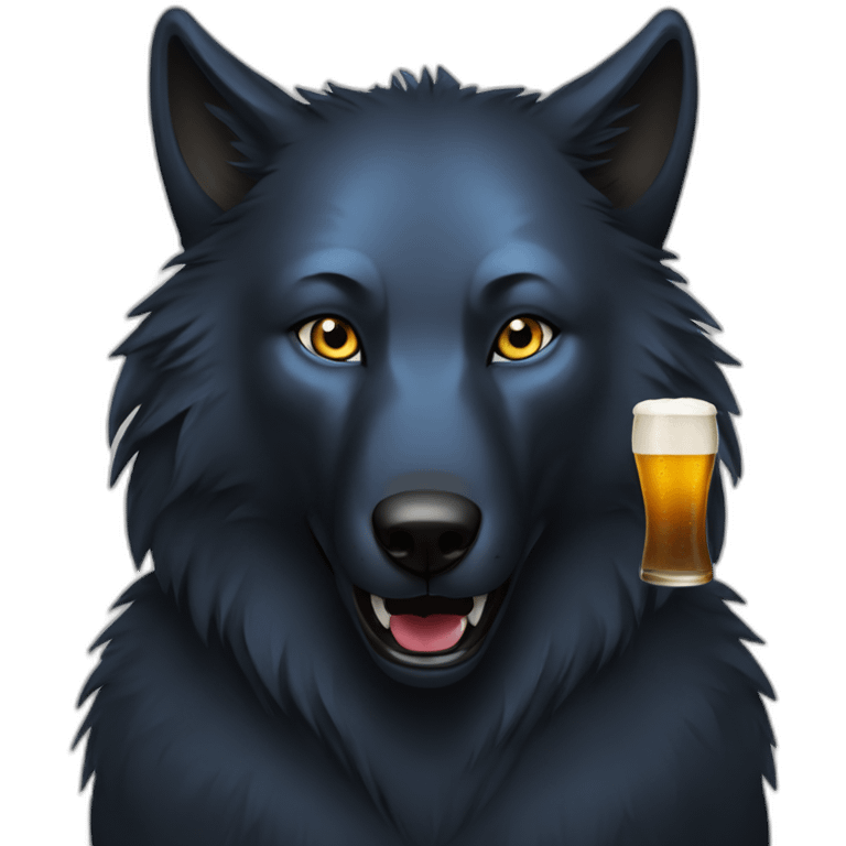 black wolf with blue eyes drinks a beer emoji