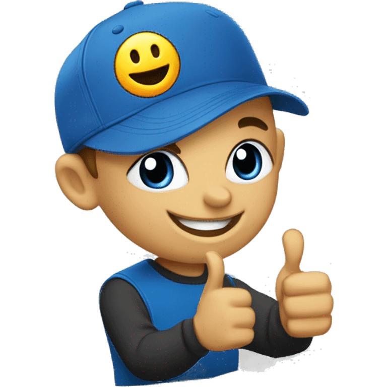 A Happy boy showing thumbs up wearing "Lenevo" logo in his cap with laptops aound emoji