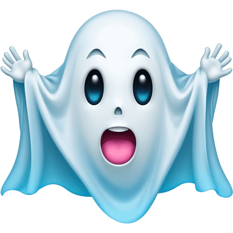 A hilariously exaggerated floating sheet ghost, its simple yet expressive form billowing with animated energy in vibrant whites and pale blues, with two wide, comically shocked eyes and a quirky, startled mouth, simplified yet overflowing with personality, highly detailed with a soft neon-like glowing outline, capturing the playful absurdity of a ghost caught off guard! emoji