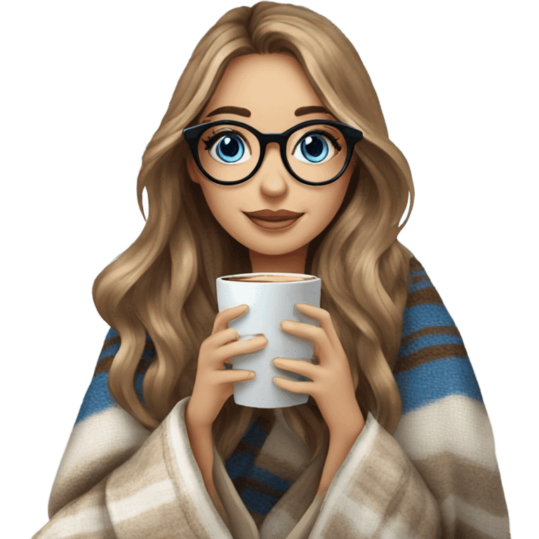 Balayage hair Girl drinking coffee, with a cozy blanket wearing glasses with blue eyes photo beautiful  emoji