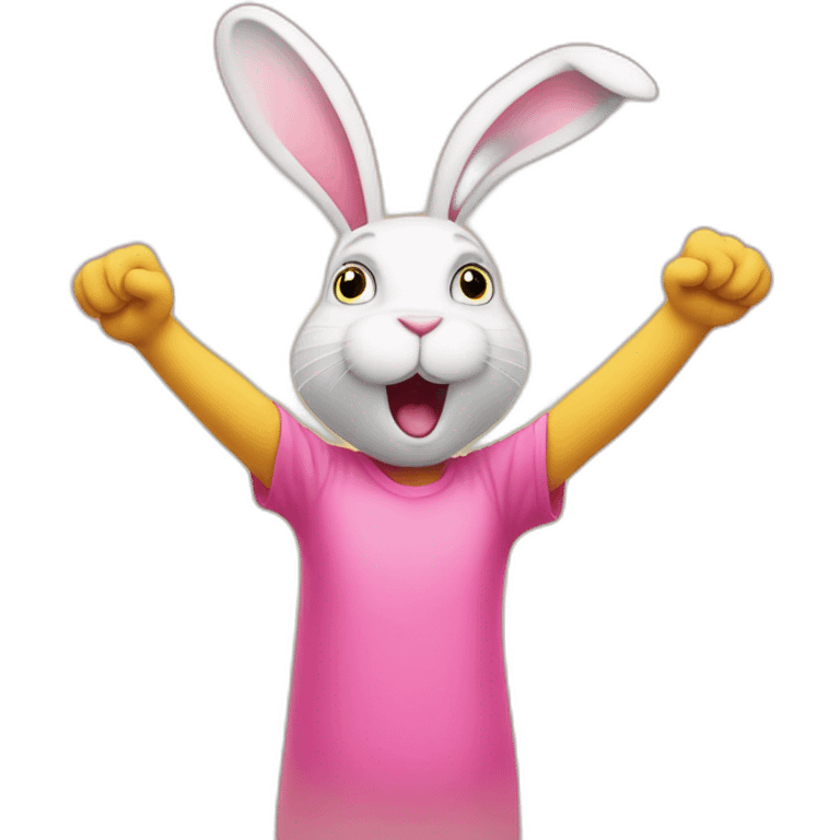 confused pink rabbit in yellow teeshirt raising arms emoji