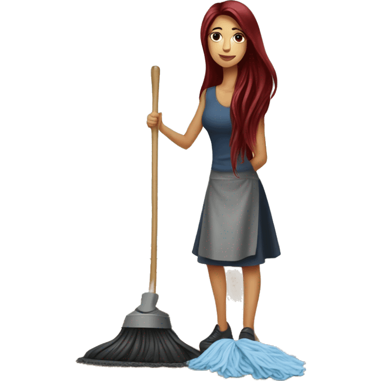 Beautiful burgundy long haired woman mopping the floor emoji