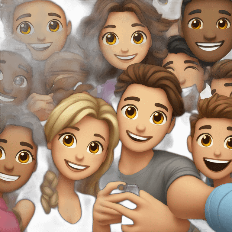 Un grupo de hombres y mujeres sonrientes haciéndose un selfie emoji