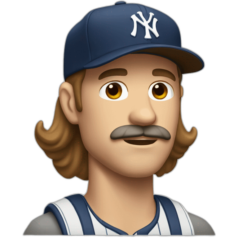 white man with long brown hair and ny baseball cap and mustache emoji