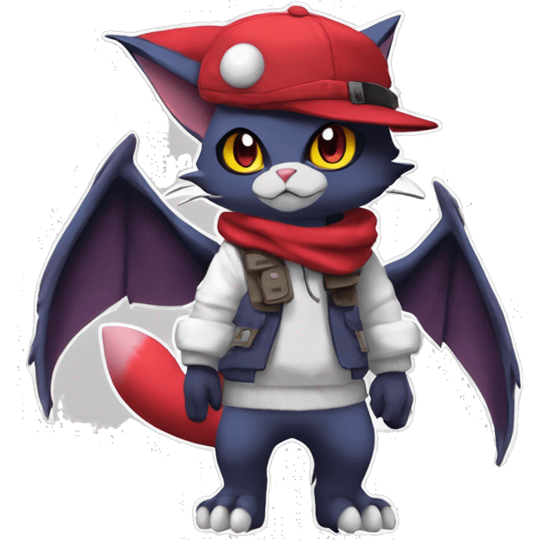 Cool Anthro Noibat-Zangoose-Quilava-Litten-Sphynx-Feline-Pokémon with red scarf collar punk techwear cool fiddler-hat Full Body emoji