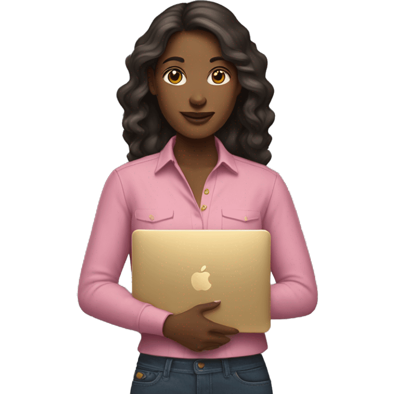 Fair skintone woman wearing a pink shirt holding a gold macbook emoji