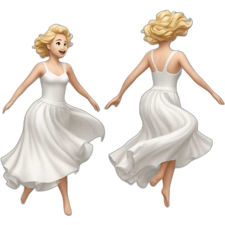 Hyperrealistic Full body Caucasian curvy beauty jumping white skirt back and front views strong wind emoji