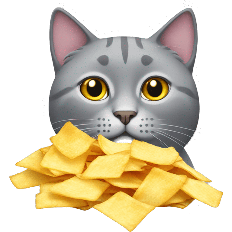 grey cat with pack of Chitos chips emoji